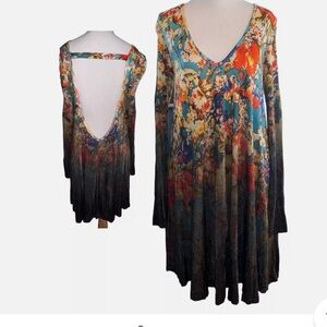 Free People Annette Floral Printed V- Neck Open Back Long Sleeve Trapeze Dress,L